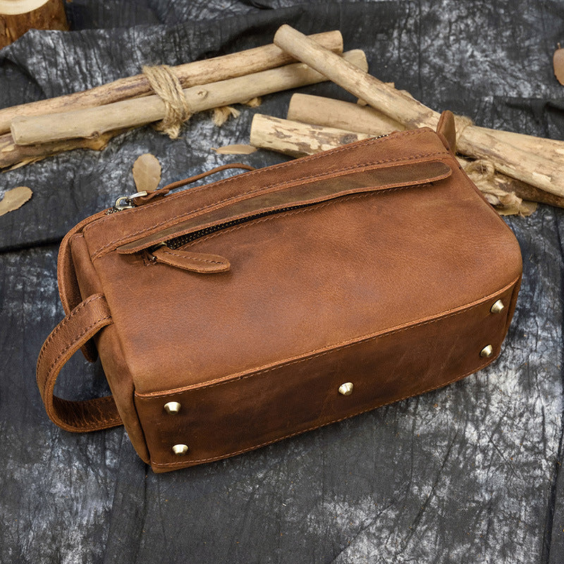 New Crazy Horse Leather Multifunctional Clutch, Large Capacity Toiletry Cosmetic Travel Pouch, Premium Storage Organizer for Men and Women