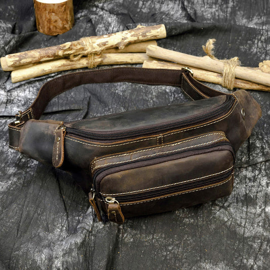 Vintage Crazy Horse Leather Chest Waist Bag with Earphone Hole, Multifunctional Crossbody Pouch, Outdoor Travel Bag 9415 for Men