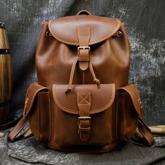 Vintage Crazy Horse Leather Unisex Backpack, Cross-Border Travel Daypack, Versatile Casual Bag for Men and Women
