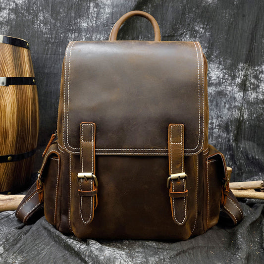 Vintage Crazy Horse Leather Backpack, Outdoor Travel Daypack, Premium Cowhide Bag for Men