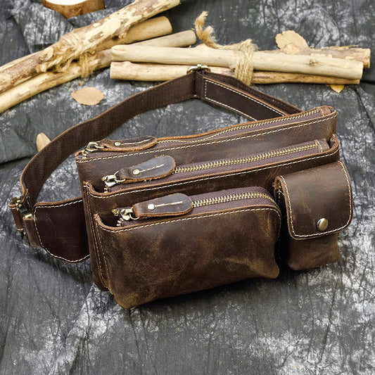 Genuine Crazy Horse Cowhide Waist Chest Bag for Men, Vintage Multifunctional Crossbody Pouch, 3-Layer Cashier Organizer Wallet for Gentlemen
