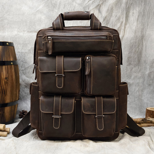 18-Inch Vintage Crazy Horse Leather Travel Backpack, Large Capacity Outdoor Daypack, Premium Cowhide Rucksack for Men