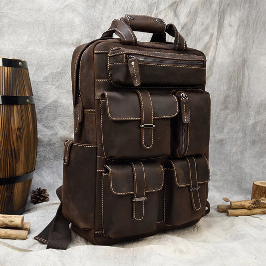 18-Inch Vintage Crazy Horse Leather Travel Backpack, Large Capacity Outdoor Daypack, Premium Cowhide Rucksack for Men