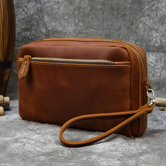 Genuine Crazy Horse Cowhide Clutch Bag for Men and Women, Vintage Storage Pouch, Top Layer Leather Shoulder Crossbody Purse for Ladies and Gentlemen