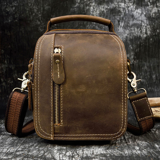 Vintage Crazy Horse Leather Crossbody Sling Bag, Top Layer Cowhide Shoulder Pouch with Belt Loop, Casual Travel Bag 9461 for Men