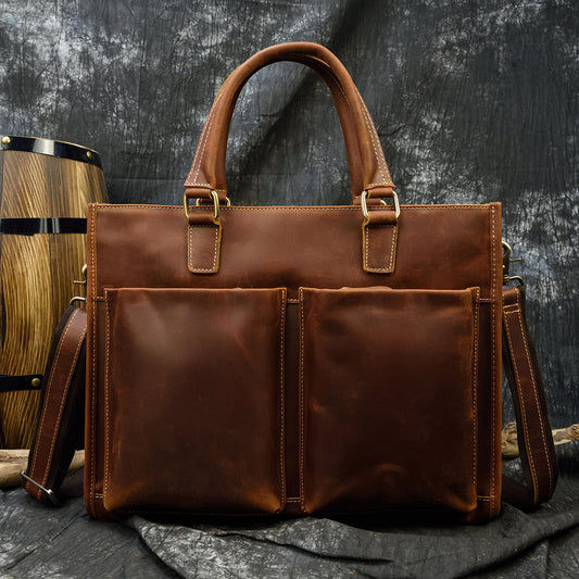 Vintage Crazy Horse Leather Business Laptop Briefcase, Top Layer Cowhide Top Handle Shoulder Bag, Premium Work Bag for Men
