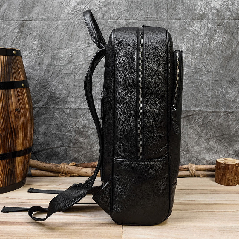 Black Genuine Leather Business Backpack, Top Layer Cowhide Commute Laptop Bag, Minimalist Travel School Daypack for Men