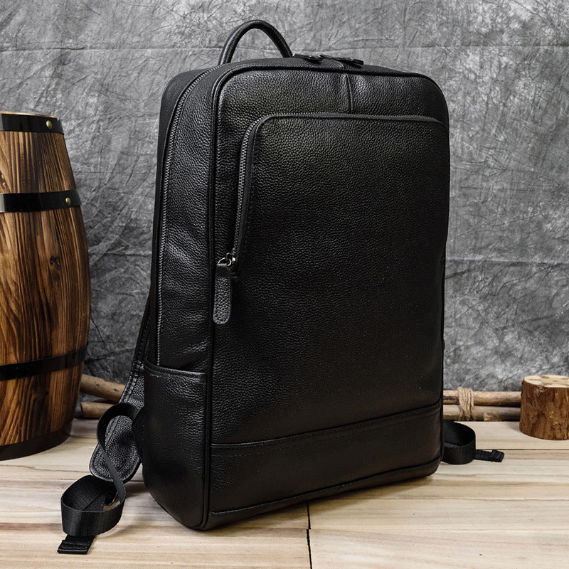 Black Genuine Leather Business Backpack, Top Layer Cowhide Commute Laptop Bag, Minimalist Travel School Daypack for Men