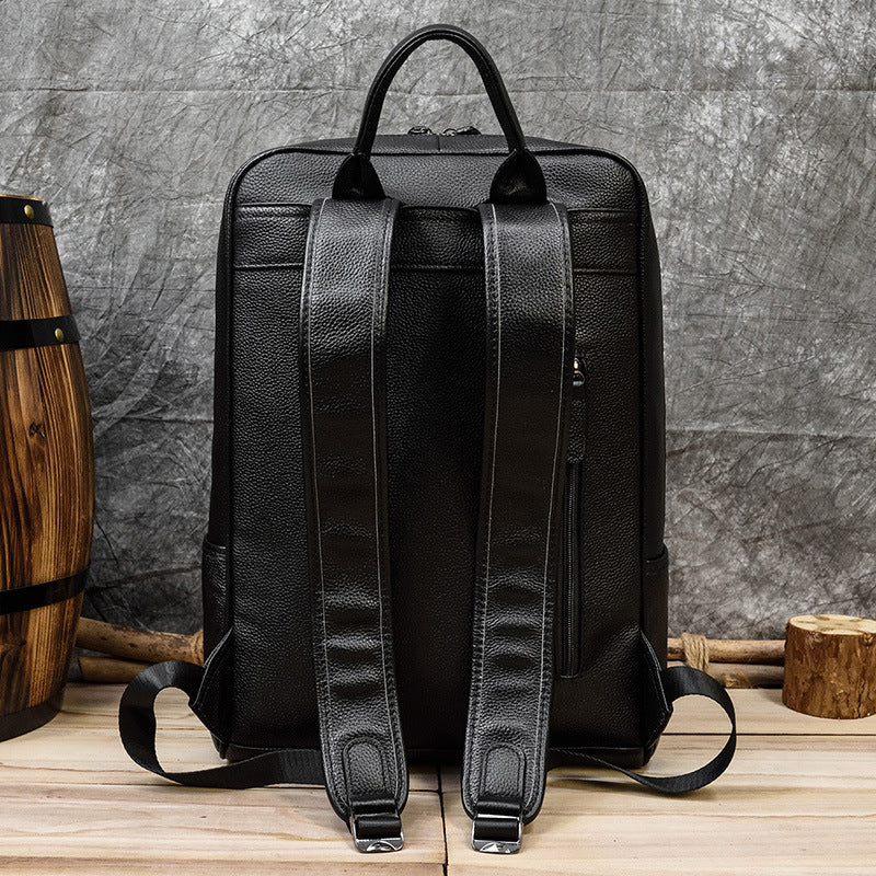 Black Genuine Leather Business Backpack, Top Layer Cowhide Commute Laptop Bag, Minimalist Travel School Daypack for Men