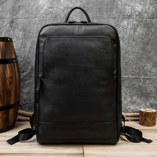 Black Genuine Leather Business Backpack, Top Layer Cowhide Commute Laptop Bag, Minimalist Travel School Daypack for Men