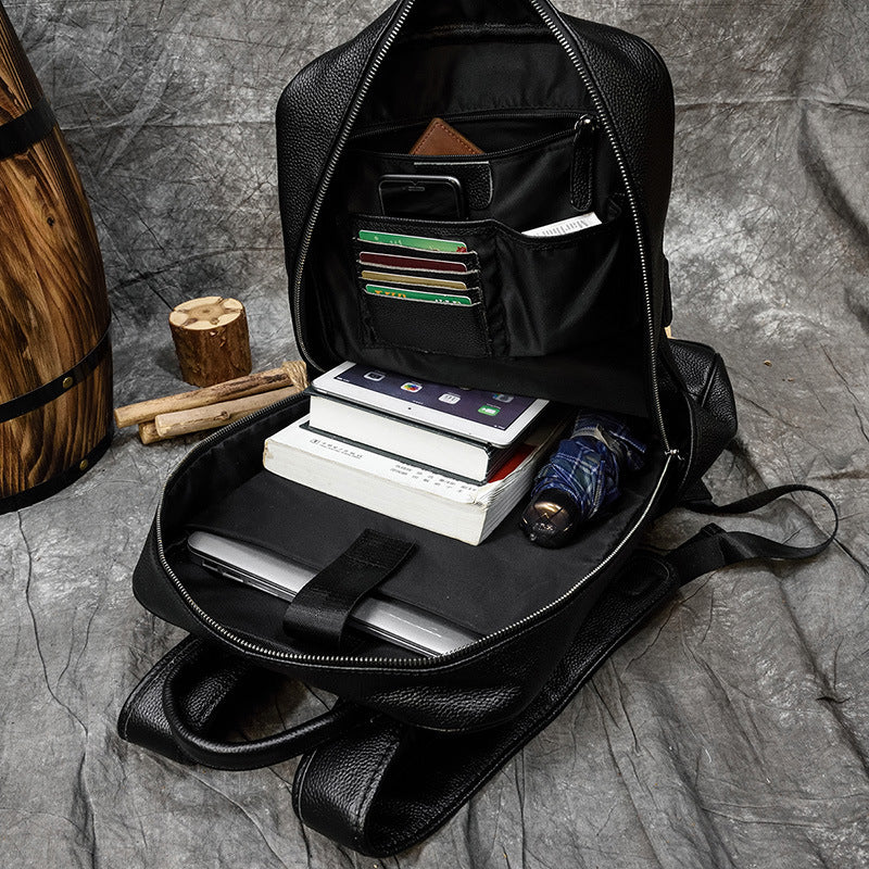Black Genuine Leather Business Backpack, Top Layer Cowhide Commute Laptop Bag, Minimalist Travel School Daypack for Men
