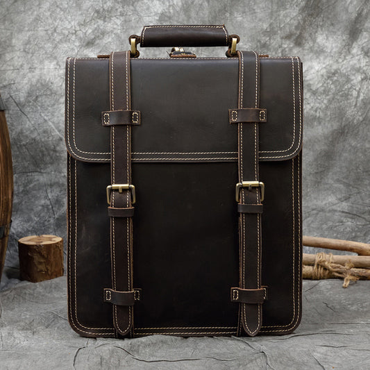 Vintage Crazy Horse Leather 3-Compartment Large Capacity Backpack, Top Layer Cowhide Commute Laptop Daypack, Versatile Shoulder Bag for Men
