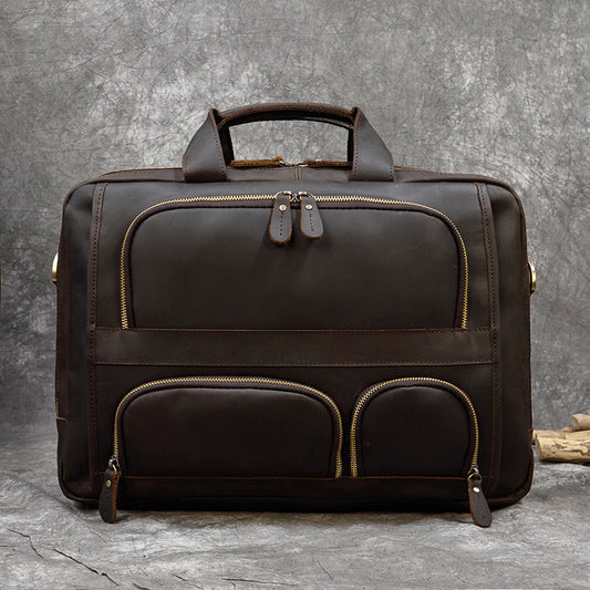 3-Compartment Vintage Crazy Horse Leather Briefcase, 16-Inch Laptop Crossbody Shoulder Bag, Large Capacity Commute Work Bag for Men