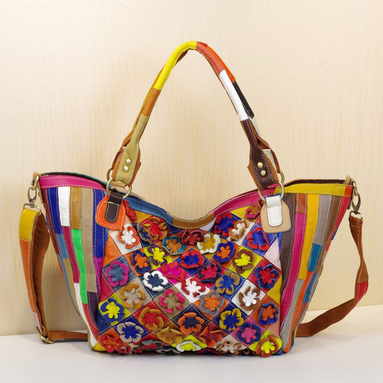Premium Top-Layer Cowhide Leather Floral Color-Block Cross-Body Bag for Women | New Large Casual Ethnic Style Handbag with Unique Artistic Design | Spacious Purse for Work, Errands, Travel & Everyday Chic | Trendy Statement Accessory with Bohemian Fl