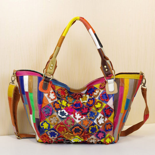Premium Top-Layer Cowhide Leather Floral Color-Block Cross-Body Bag for Women | New Large Casual Ethnic Style Handbag with Unique Artistic Design | Spacious Purse for Work, Errands, Travel & Everyday Chic | Trendy Statement Accessory with Bohemian Fl