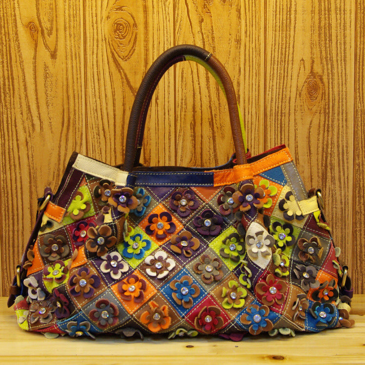 Genuine Leather Multicolor Handbag for Women, Unique Designer Crossbody Shoulder Top Handle Purse, Fashionable Cowhide Bag for Ladies