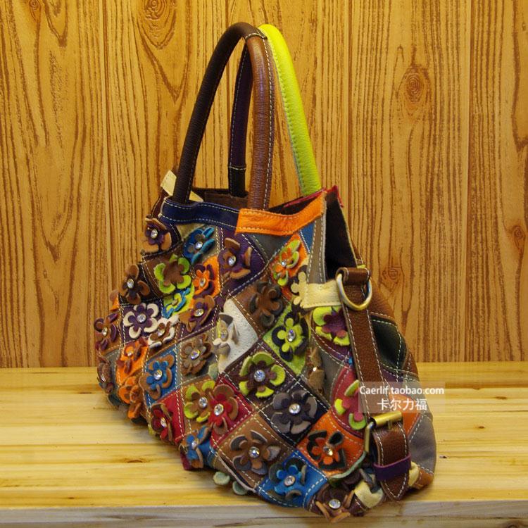 Genuine Leather Multicolor Handbag for Women, Unique Designer Crossbody Shoulder Top Handle Purse, Fashionable Cowhide Bag for Ladies