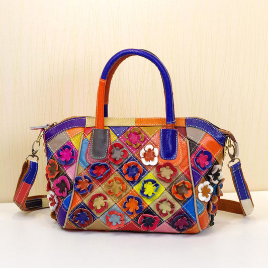 Genuine Leather Women's Floral Handbag, Niche Designer Artisan Flower Tote Purse, Trendy Top Handle Crossbody Bag for Ladies