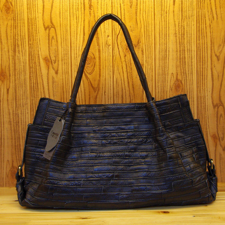 Genuine Top Layer Cowhide Striped Patchwork Handbag for Women, Minimalist Versatile Large Shoulder Crossbody Purse, New Arrival Everyday Bag for Ladies