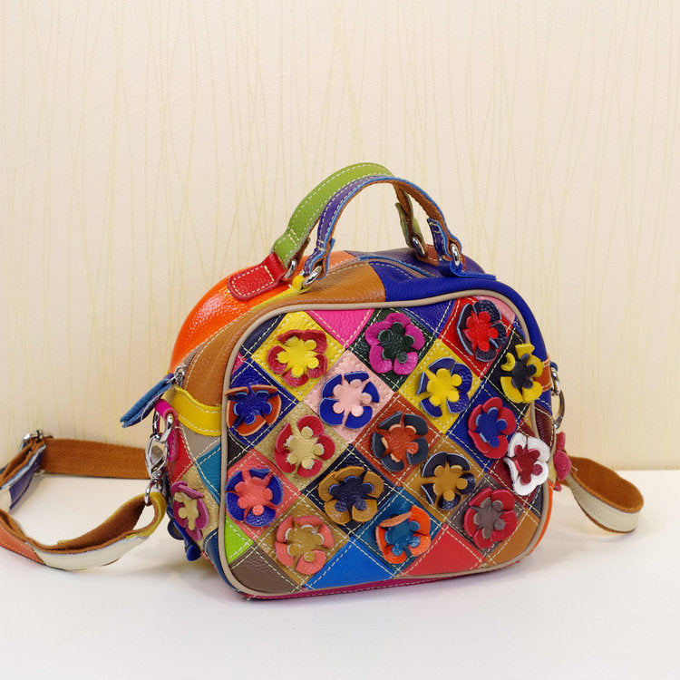 Genuine Top Layer Cowhide Multicolor Floral Handbag for Women, New Arrival Fashionable Unique Shoulder Top Handle Purse, Niche Designer Small Bag for Ladies