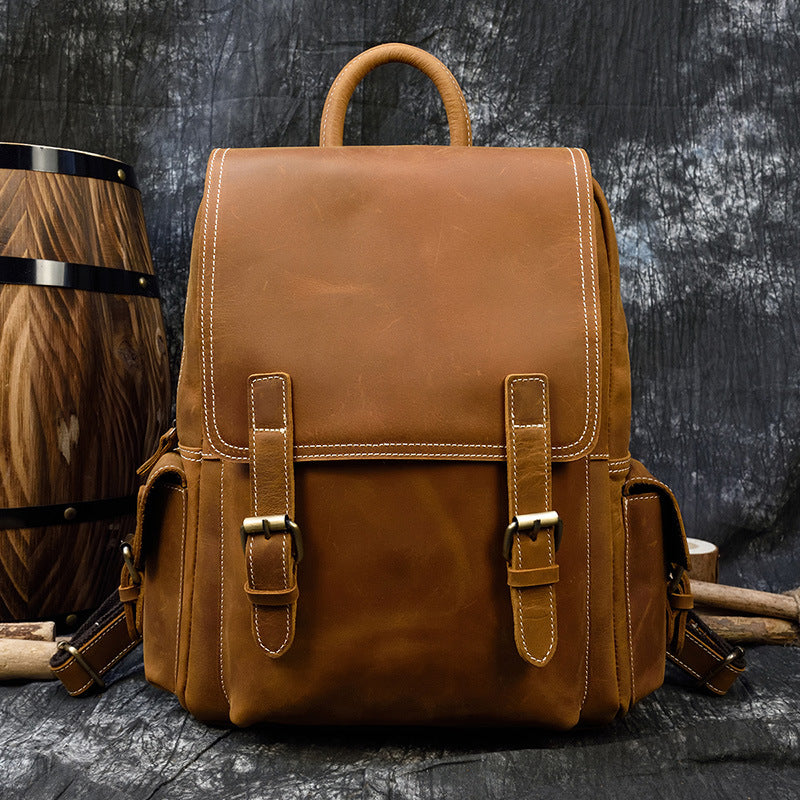 Men's Crazy Horse Leather Backpack Vintage Travel Daypack for Women Students, Genuine Leather Casual Rucksack Large Capacity
