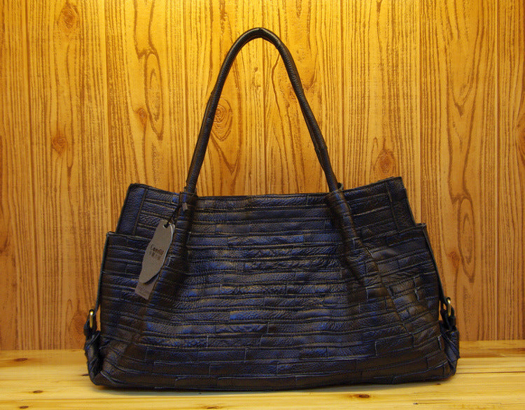 Genuine Top Layer Cowhide Striped Patchwork Handbag for Women, Minimalist Versatile Large Shoulder Crossbody Purse, New Arrival Everyday Bag for Ladies