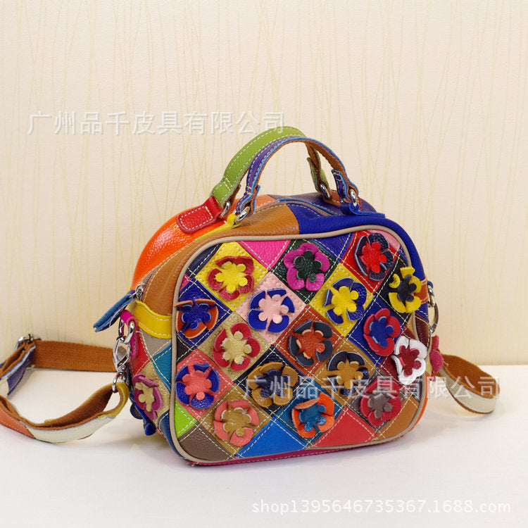 Genuine Top Layer Cowhide Multicolor Floral Handbag for Women, New Arrival Fashionable Unique Shoulder Top Handle Purse, Niche Designer Small Bag for Ladies