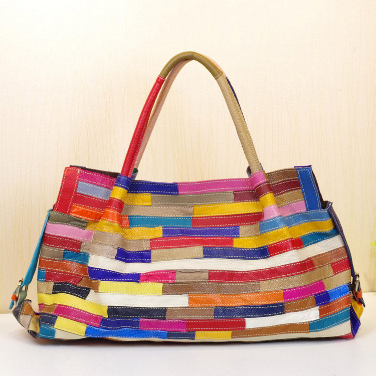 Genuine Top Layer Cowhide Striped Patchwork Handbag for Women, Minimalist Versatile Large Shoulder Crossbody Purse, New Arrival Everyday Bag for Ladies