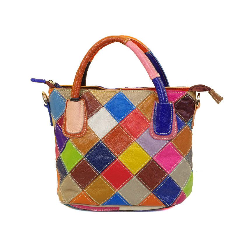 Genuine Cowhide Color Block Plaid Bucket Bag for Women, Designer Crossbody Top Handle Shoulder Purse, Colorful Casual Handbag for Ladies