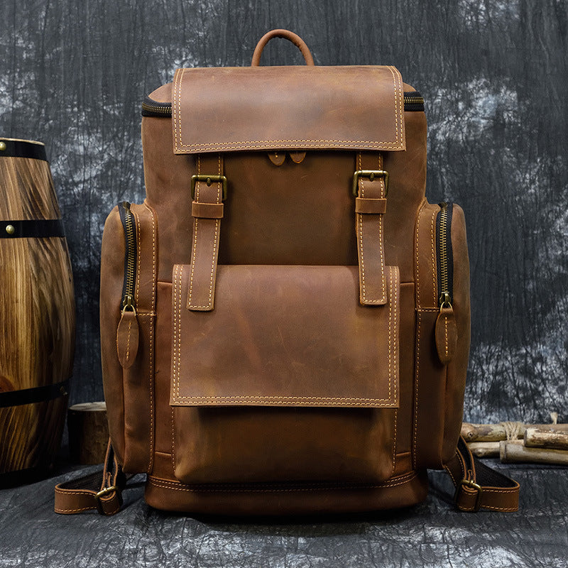 Large Capacity Crazy Horse Leather Backpack, Student School Travel Daypack, Premium Genuine Leather Bag for Men