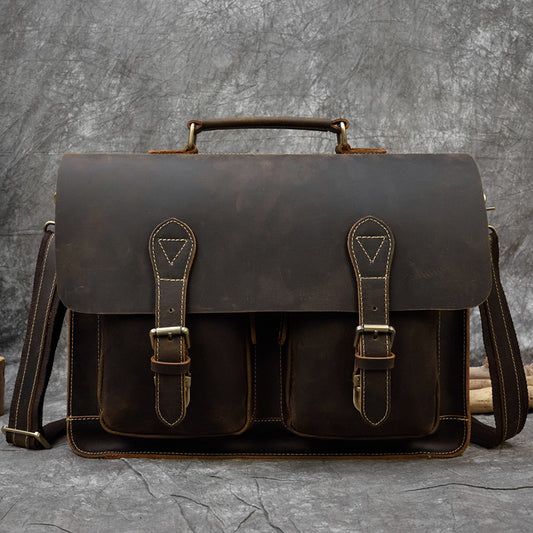 Vintage Crazy Horse Leather Computer Briefcase, Top Layer Cowhide Work Commute Laptop Bag, Premium Top Handle Bag for Men