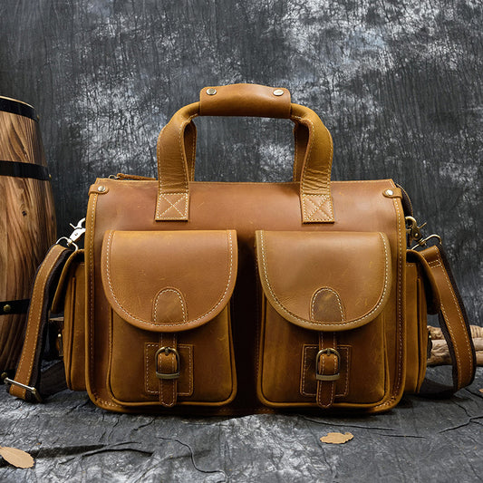 Vintage Crazy Horse Leather Computer Briefcase, Laptop Commute Shoulder Crossbody Bag, Premium Cowhide Work Bag for Men