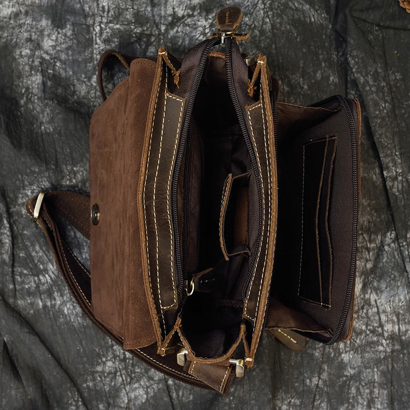 Crazy Horse Leather Flap Crossbody Shoulder Bag, Top Layer Cowhide iPad Pouch, Casual Tablet Bag for Men