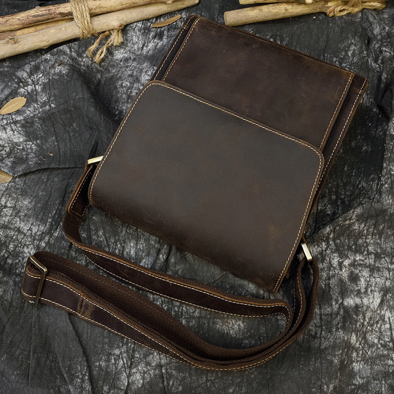 Crazy Horse Leather Flap Crossbody Shoulder Bag, Top Layer Cowhide iPad Pouch, Casual Tablet Bag for Men
