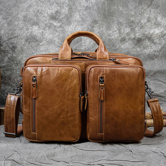 3-in-1 Vintage Cowhide Business Briefcase, Casual Shoulder Crossbody Top Handle Bag, Genuine Leather Work Bag 7408 for Men