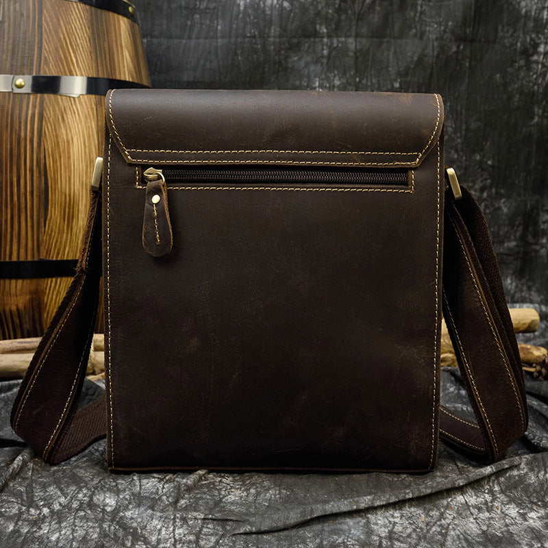 Crazy Horse Leather Flap Crossbody Shoulder Bag, Top Layer Cowhide iPad Pouch, Casual Tablet Bag for Men