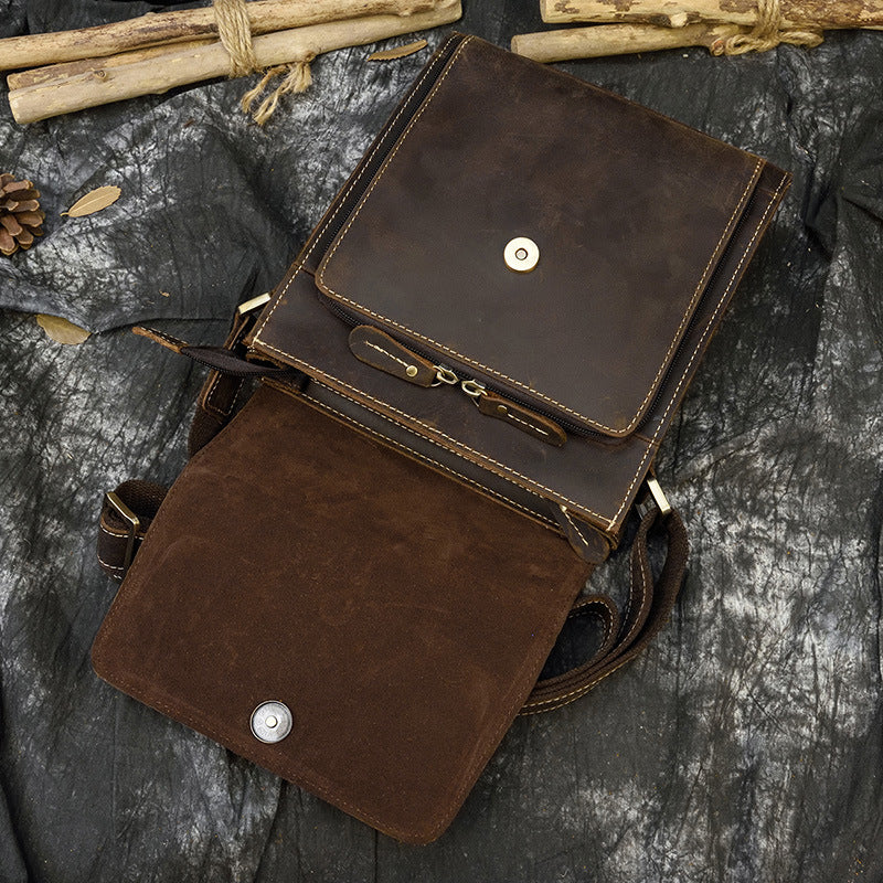 Crazy Horse Leather Flap Crossbody Shoulder Bag, Top Layer Cowhide iPad Pouch, Casual Tablet Bag for Men