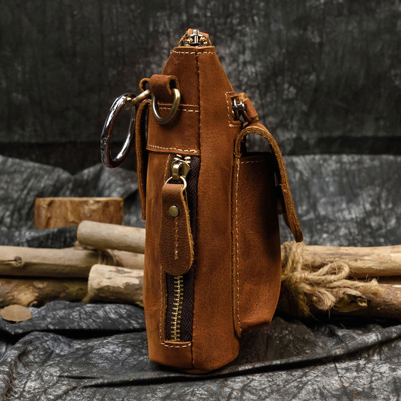 Crazy Horse Leather Mini Waist Belt Phone Bag, Top Layer Cowhide Crossbody Shoulder Pouch, Casual Travel Pack for Men
