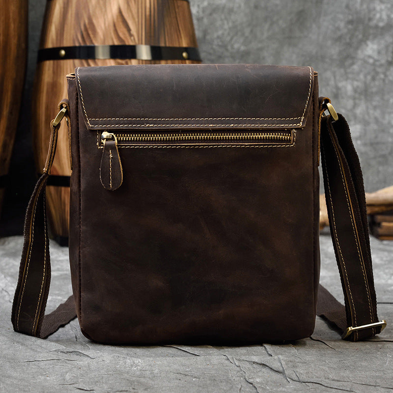 Genuine Top Layer Crazy Horse Cowhide Shoulder Bag for Men, Flap Crossbody Pouch, Outdoor iPad Tablet Bag, Casual Everyday Bag for Gentlemen