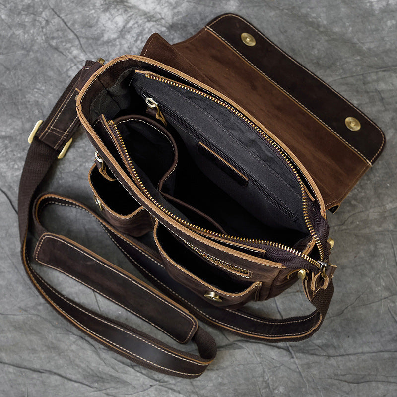Genuine Top Layer Crazy Horse Cowhide Shoulder Bag for Men, Flap Crossbody Pouch, Outdoor iPad Tablet Bag, Casual Everyday Bag for Gentlemen