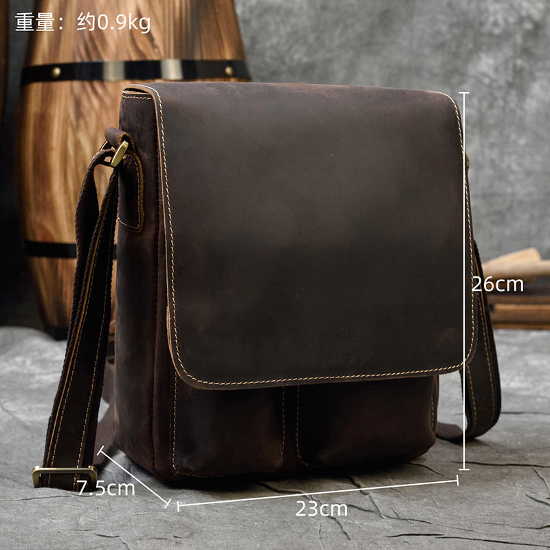 Genuine Top Layer Crazy Horse Cowhide Shoulder Bag for Men, Flap Crossbody Pouch, Outdoor iPad Tablet Bag, Casual Everyday Bag for Gentlemen