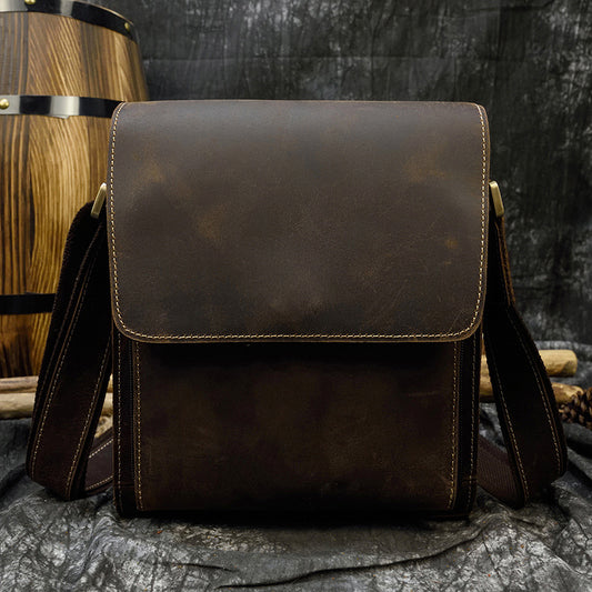 Crazy Horse Leather Flap Crossbody Shoulder Bag, Top Layer Cowhide iPad Pouch, Casual Tablet Bag for Men