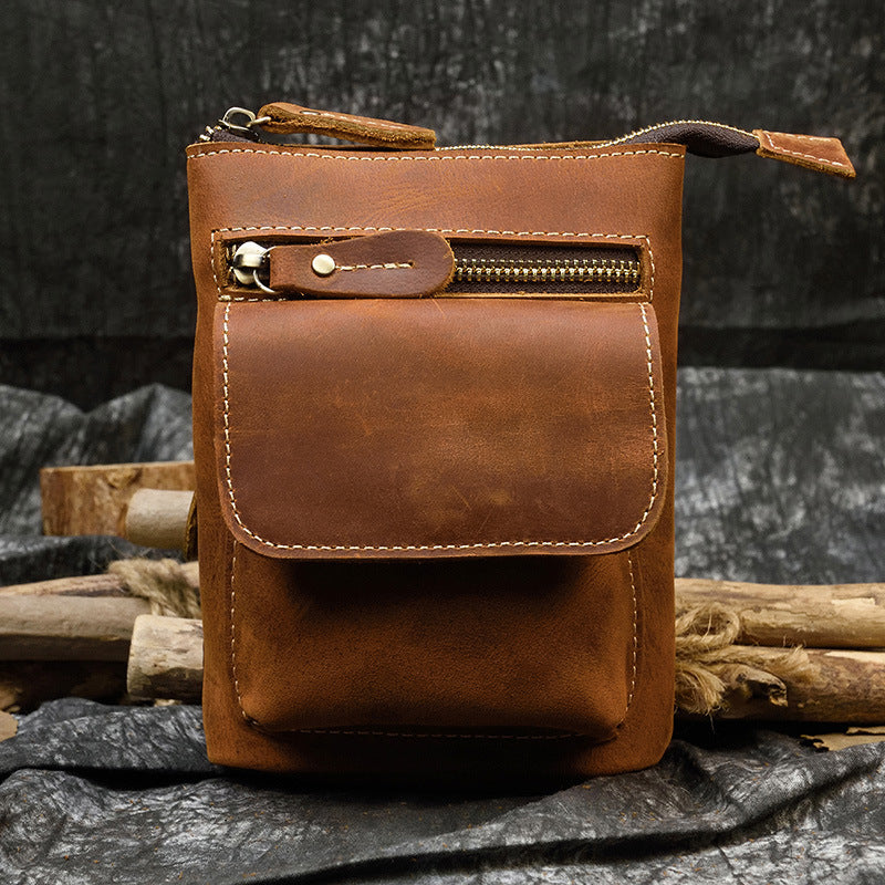 Crazy Horse Leather Mini Waist Belt Phone Bag, Top Layer Cowhide Crossbody Shoulder Pouch, Casual Travel Pack for Men