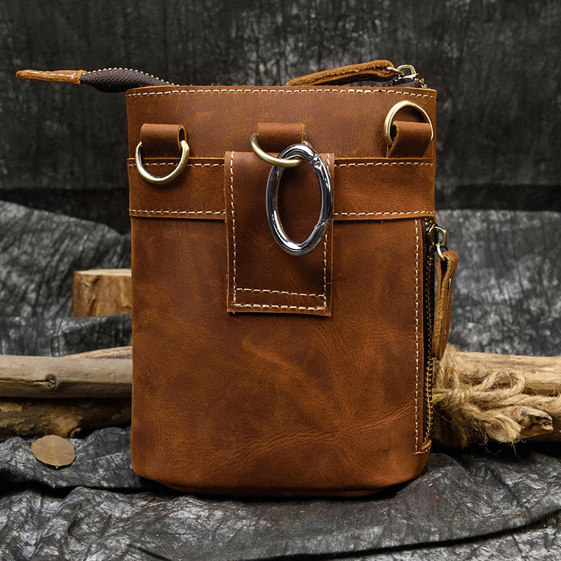 Crazy Horse Leather Mini Waist Belt Phone Bag, Top Layer Cowhide Crossbody Shoulder Pouch, Casual Travel Pack for Men