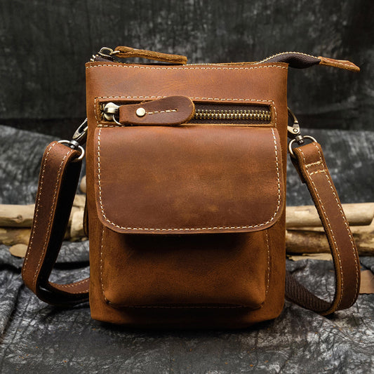Crazy Horse Leather Mini Waist Belt Phone Bag, Top Layer Cowhide Crossbody Shoulder Pouch, Casual Travel Pack for Men