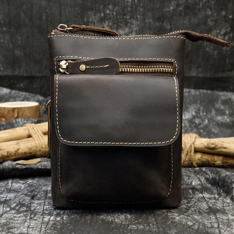 Crazy Horse Leather Mini Waist Belt Phone Bag, Top Layer Cowhide Crossbody Shoulder Pouch, Casual Travel Pack for Men