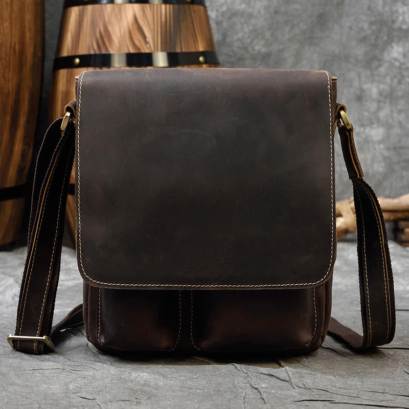 Genuine Top Layer Crazy Horse Cowhide Shoulder Bag for Men, Flap Crossbody Pouch, Outdoor iPad Tablet Bag, Casual Everyday Bag for Gentlemen