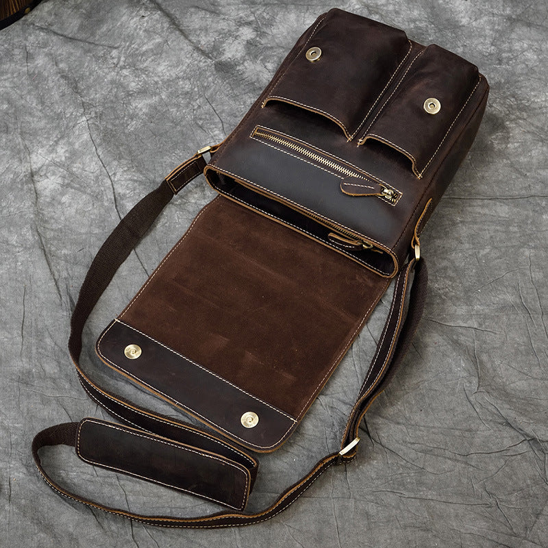 Genuine Top Layer Crazy Horse Cowhide Shoulder Bag for Men, Flap Crossbody Pouch, Outdoor iPad Tablet Bag, Casual Everyday Bag for Gentlemen