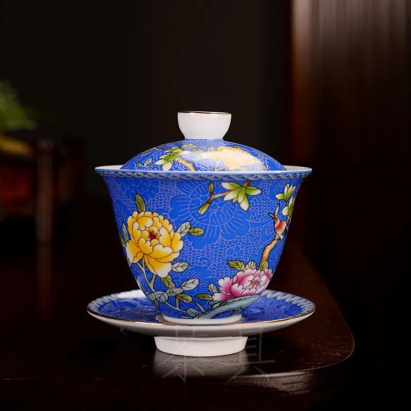 150ml Jingdezhen Ceramic Gaiwan Exquisite Enamel Color Tea Set Chinese Tea Cup with Cover Home Tea Infuser Custom Teaware Gifts