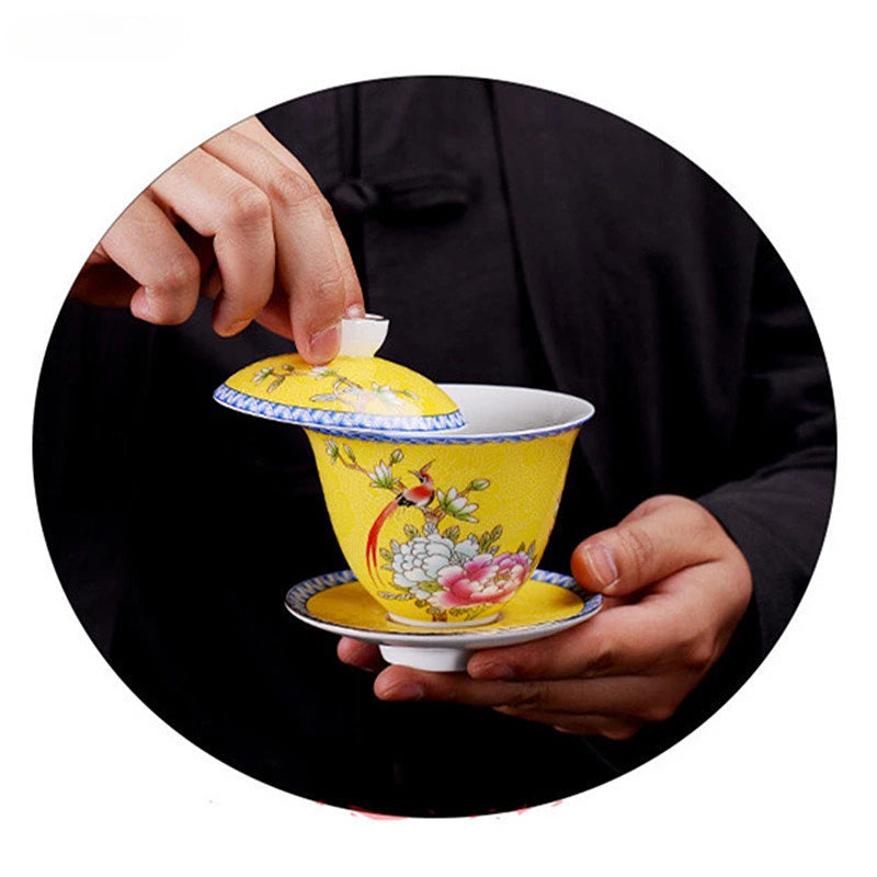 150ml Jingdezhen Ceramic Gaiwan Exquisite Enamel Color Tea Set Chinese Tea Cup with Cover Home Tea Infuser Custom Teaware Gifts